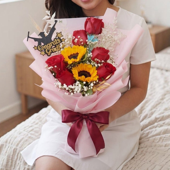 Sunflower Sunrise graduation bouquet with red rose