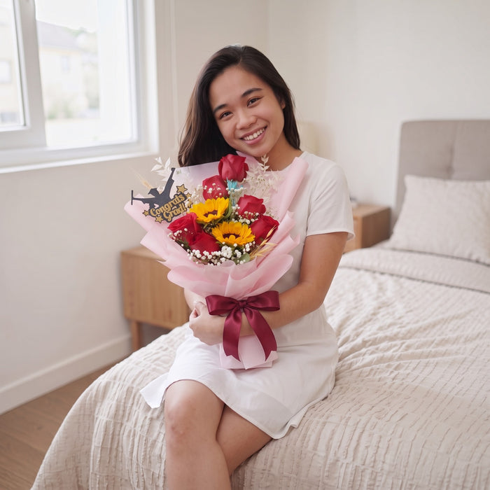 Sunflower Sunrise graduation bouquet with red rose and sunflower