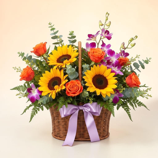 Fresh flower basket arrangement of sunflowers, orange roses, and purple orchids for birthday, get well, or house warming gift delivery in Singapore.