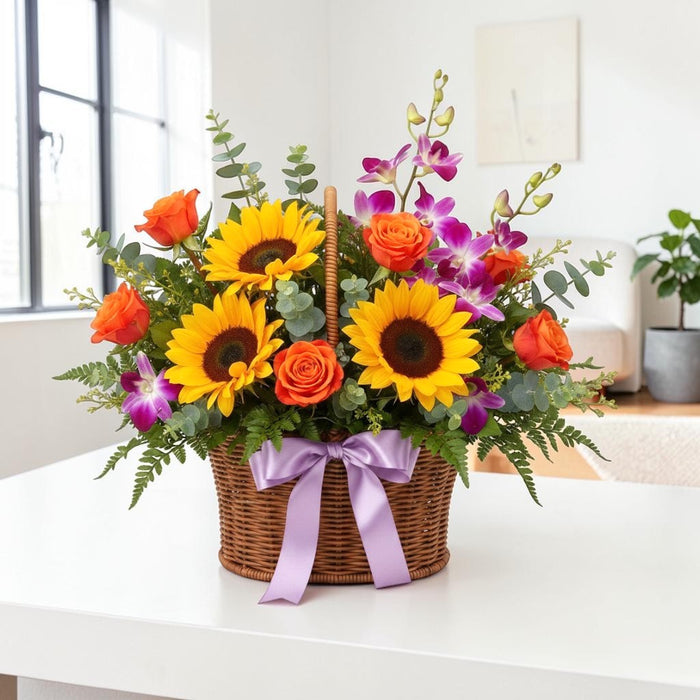 Same-day delivery Sunflower Tango Basket in Singapore – a vibrant mix of sunflowers, orange roses, purple orchids, and foliage in a rustic basket.