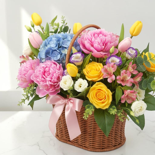 Lush Tiers of Beauty basket with peonies, hydrangeas and tulips, ideal for birthday, anniversary and housewarming gifts with same-day delivery in Singapore.