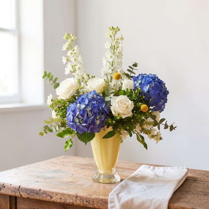 The Gentry - Blue hydrangea Vase Arrangement For Him - Fresh Flower Vase Arrangement - Same Day Flower Delivery Singapore - Well Live Florist