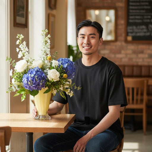 The Gentry - Blue hydrangea Vase Arrangement For Him - Fresh Flower Vase Arrangement - Same Day Flower Delivery Singapore - Well Live Florist