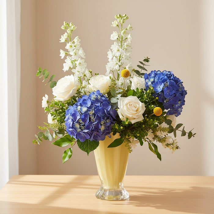 The Gentry - Blue hydrangea Vase Arrangement For Him - Fresh Flower Vase Arrangement - Same Day Flower Delivery Singapore - Well Live Florist