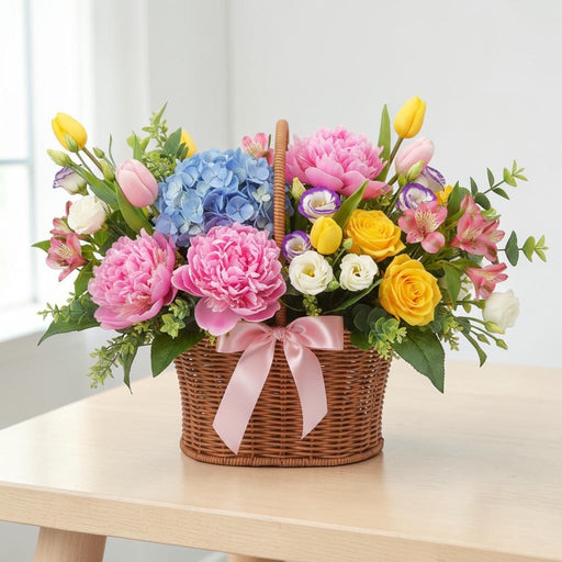 Fresh flower basket arrangement Tiers of Beauty featuring pink peonies, blue hydrangeas, yellow and pink tulips, yellow roses, eustoma, and alstroemeria with green foliage.