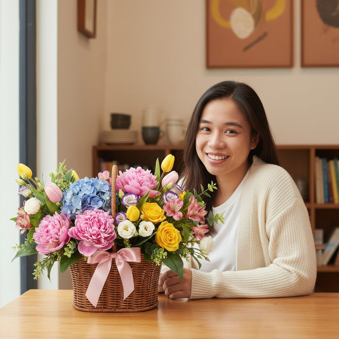 Handcrafted Tiers of Beauty flower basket bouquet delivered fresh with same-day florist delivery in Singapore.