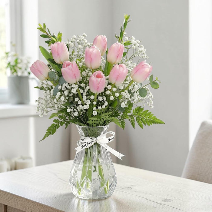 Tulip Embrace - Pink Tulip Vase Arrangement - Flower Delivery Singapore - Well Live Florist