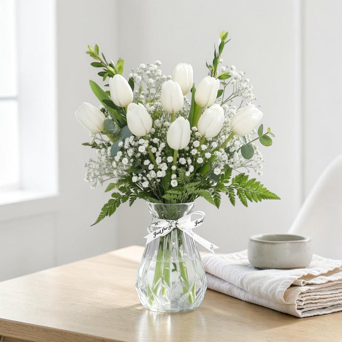 Tulip Embrace - White Tulip Vase Arrangement - Flower Delivery Singapore - Well Live Florist