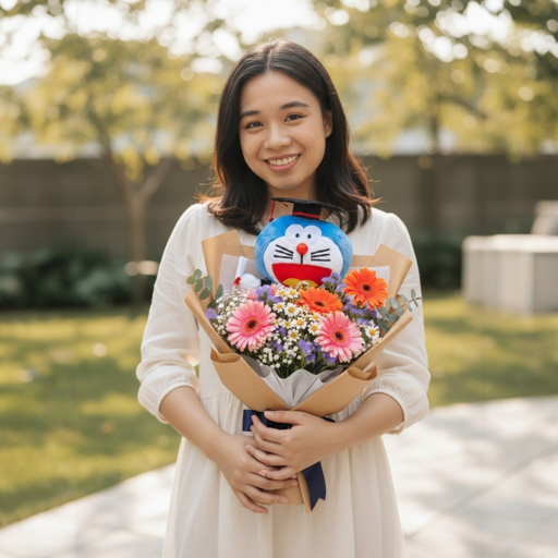 Hand-wrapped Turn the Tassel graduation bouquet with Doraemon bear, fresh from Singapore florist, ready for same-day delivery.