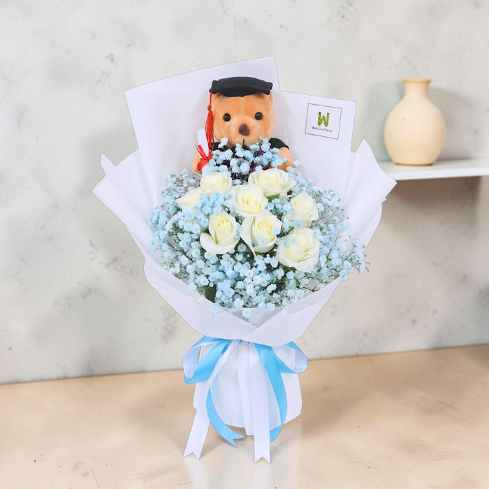 All The Best white rose graduation bouquet with graduation bear