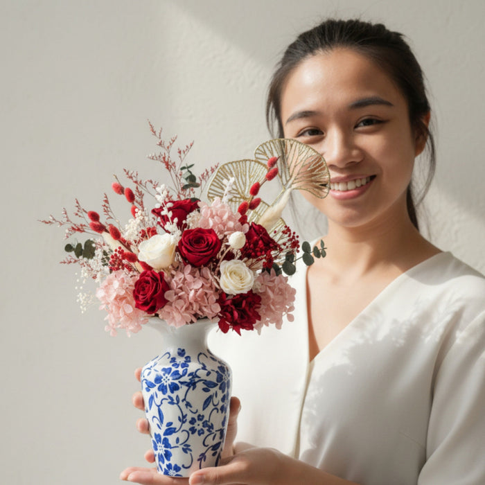 Auspicious Beginnings - Preserved Flower Vase Arrangement - CNY Flower Delivery Singapore - Well Live Florist
