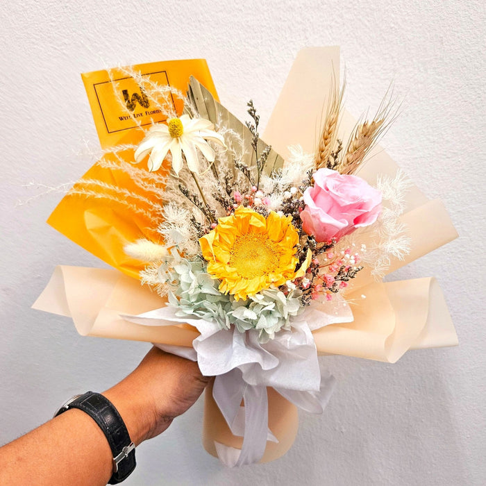 Be Bright Sunny - Preserved Sunflower Hand Bouquet - Free Same Day Delivery - Flower Delivery Singapore - Well Live Florist