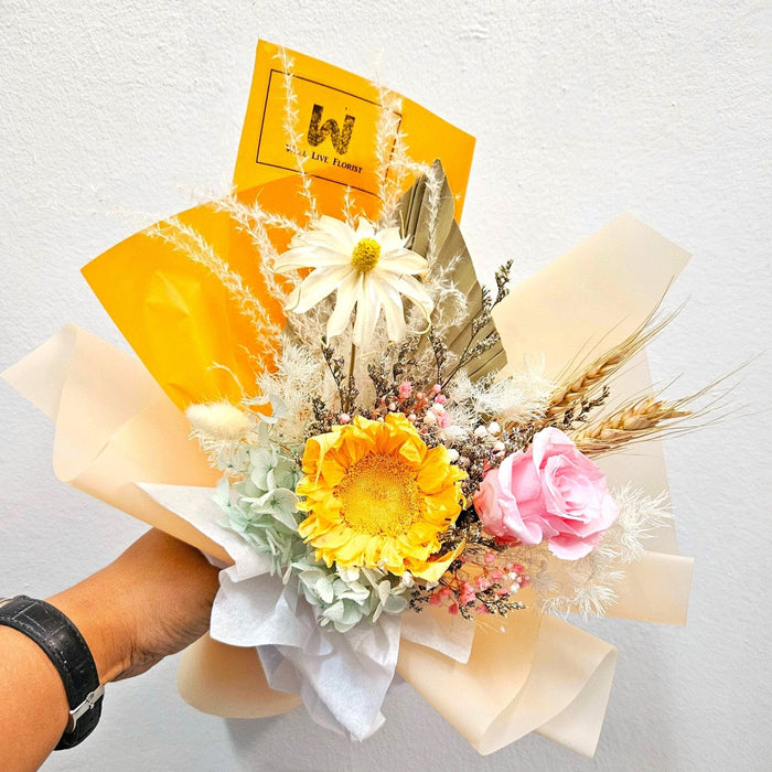 Be Bright Sunny - Preserved Sunflower Hand Bouquet - Free Same Day Delivery - Flower Delivery Singapore - Well Live Florist