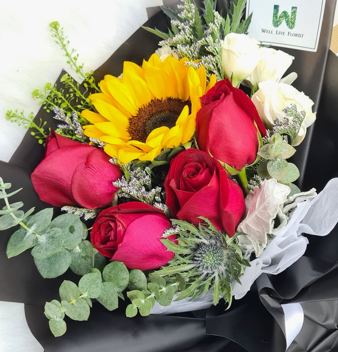 Blaze Of Love - Sunflower Hand Bouquet - Flower Bouquet - Red Rose - Flower Delivery Singapore - Well Live Florist