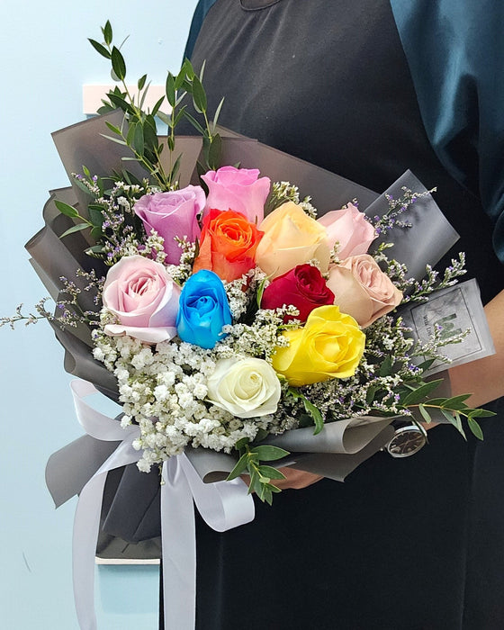 Colorful Devotion - Fresh Flower Bouquet - Mix Color Roses - Baby's Breath - Free Delivery - Same Day Delivery - Well Live Florist