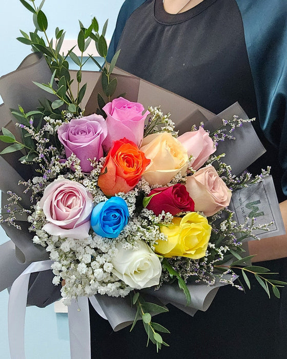 Colorful Devotion - Fresh Flower Bouquet - Mix Color Roses - Baby's Breath - Free Delivery - Same Day Delivery - Well Live Florist