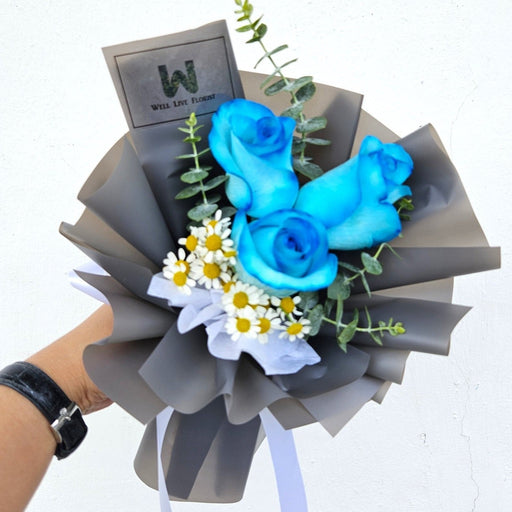 Denim Dream - Blue Rose Hand Bouquet - Fresh Flower Bouquet - Free Same Day Delivery - Florist Singapore - Well Live Florist