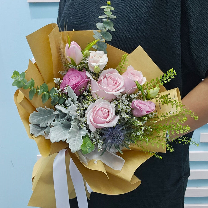 Fiery Bloom - Rose Hand Bouquet - Roses - Tulips - Eustoma - Fresh Flower Bouquet - Flower Bouquet - Free Same Day Delivery - Florist Singapore - Well Live Florist