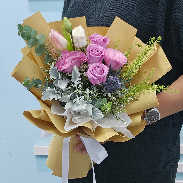 Fiery Bloom - Rose Hand Bouquet - Roses - Tulips - Eustoma - Fresh Flower Bouquet - Flower Bouquet - Free Same Day Delivery - Florist Singapore - Well Live Florist