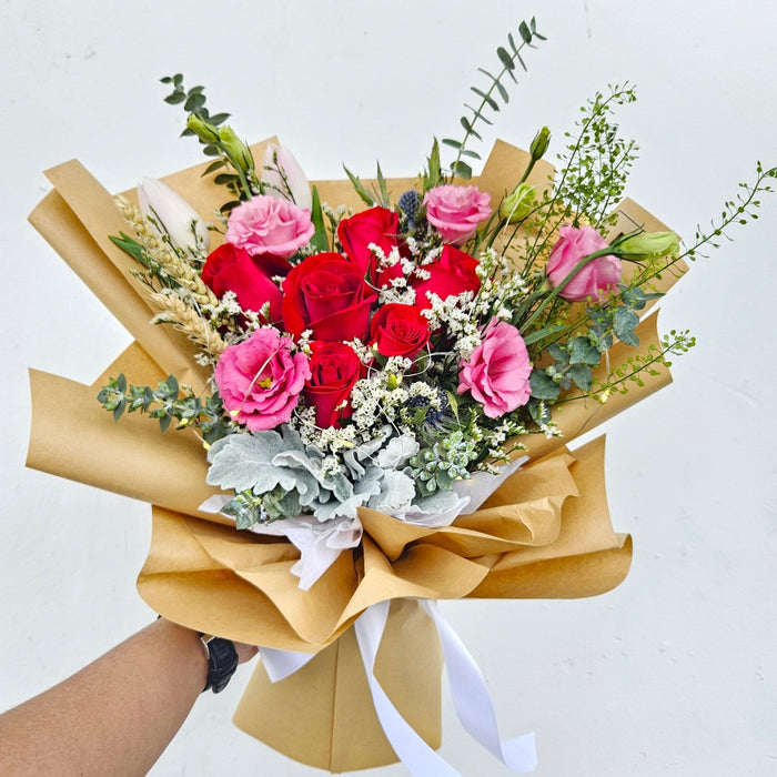 Fiery Bloom - Rose Hand Bouquet - Roses - Tulips - Eustoma - Fresh Flower Bouquet - Flower Bouquet - Free Same Day Delivery - Florist Singapore - Well Live Florist