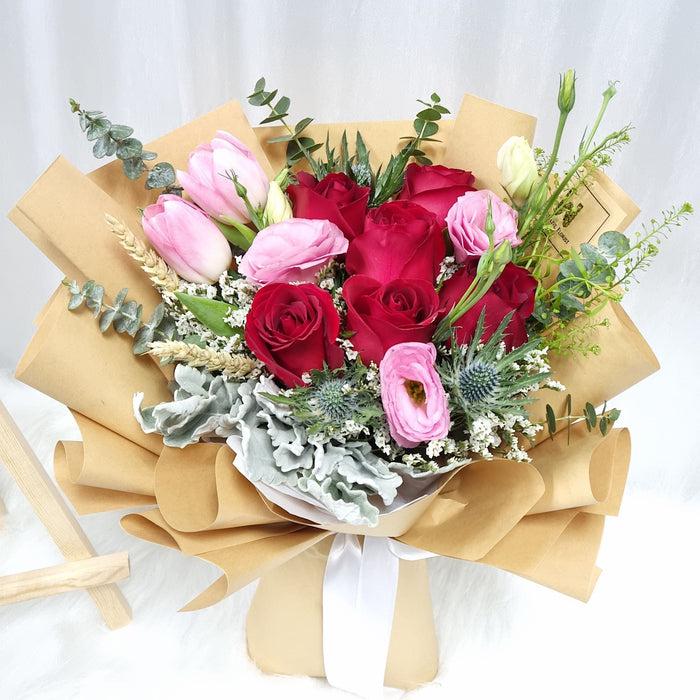 Fiery Bloom - Rose Hand Bouquet - Roses - Tulips - Eustoma - Fresh Flower Bouquet - Flower Bouquet - Free Same Day Delivery - Florist Singapore - Well Live Florist