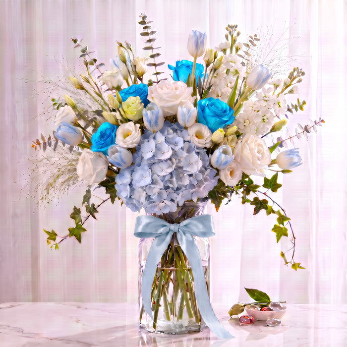 Garden Reverie blue hydrangea, blue rose and white lisianthus fresh flower vase arrangement with light blue ribbon, Singapore flower delivery