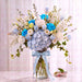 Garden Reverie blue hydrangea, blue rose and white lisianthus fresh flower vase arrangement with light blue ribbon, Singapore flower delivery