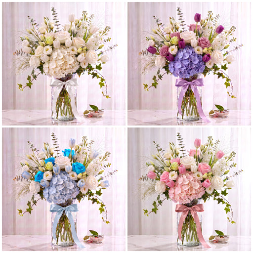 Garden Reverie fresh flower vase arrangement in four colours: white, lilac, blue and pink hydrangea, rose and tulip vases, Singapore same-day delivery