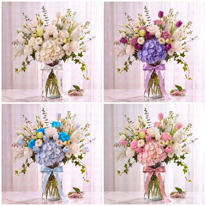 Garden Reverie fresh flower vase arrangement in four colours: white, lilac, blue and pink hydrangea, rose and tulip vases, Singapore same-day delivery