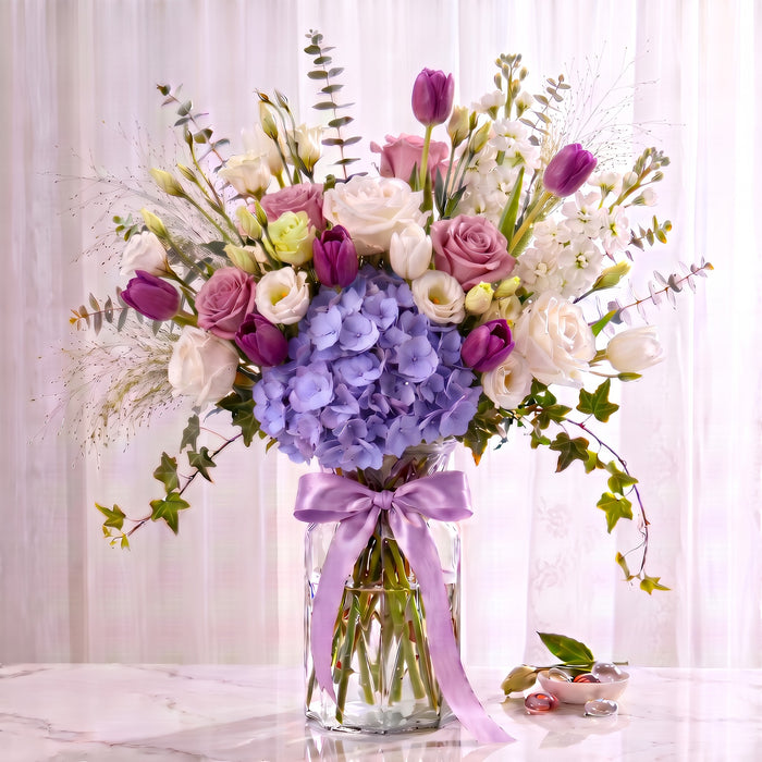 Garden Reverie lilac hydrangea, purple rose and purple tulip fresh flower vase arrangement with lilac ribbon, Singapore flower delivery
