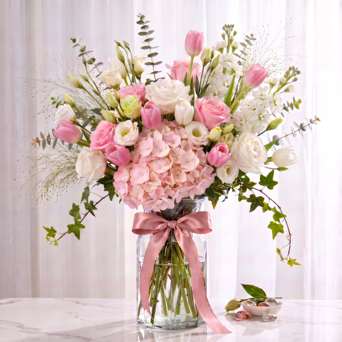 Garden Reverie pink hydrangea, rose and tulip fresh flower vase arrangement with dusty pink ribbon, Singapore same-day delivery