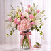 Garden Reverie pink hydrangea, rose and tulip fresh flower vase arrangement with dusty pink ribbon, Singapore same-day delivery