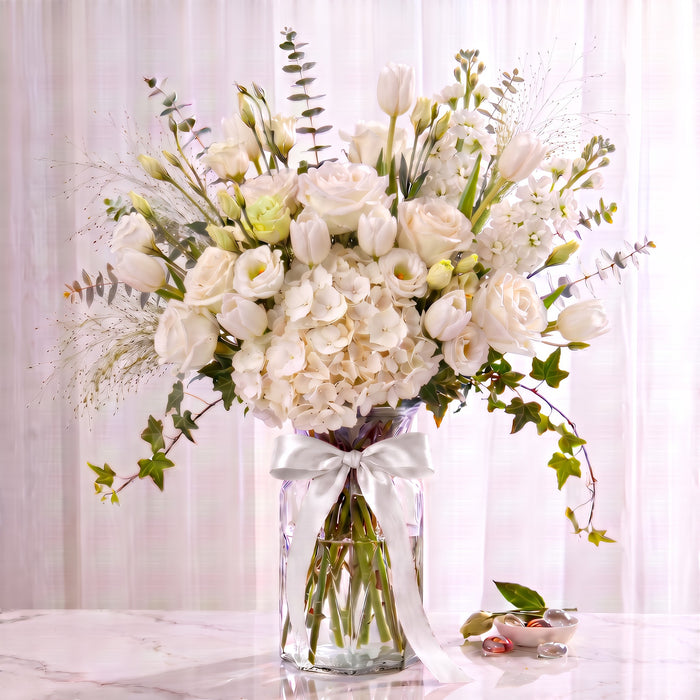 Garden Reverie white hydrangea, rose and tulip fresh flower vase arrangement with white satin ribbon, Singapore same-day delivery