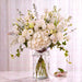 Garden Reverie white hydrangea, rose and tulip fresh flower vase arrangement with white satin ribbon, Singapore same-day delivery