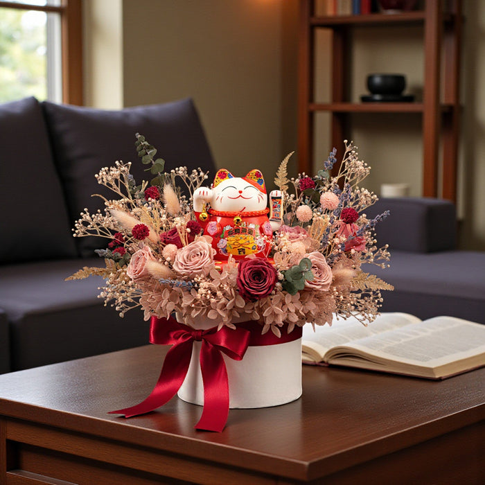 Grand Reveal - Grand Opening Flower Arrangement - Preserved Flower with Fortune Cat - Flower Delivery Singapore - Well Live Florist