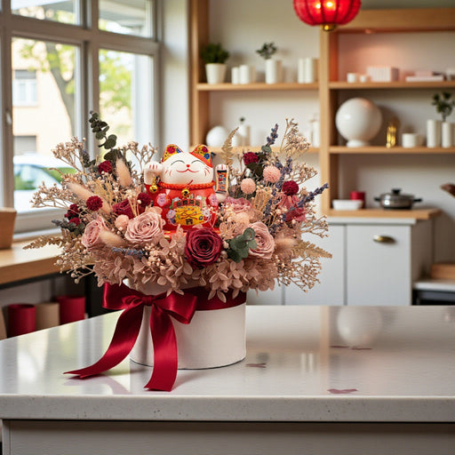 Grand Reveal - Grand Opening Flower Arrangement - Preserved Flower with Fortune Cat - Flower Delivery Singapore - Well Live Florist