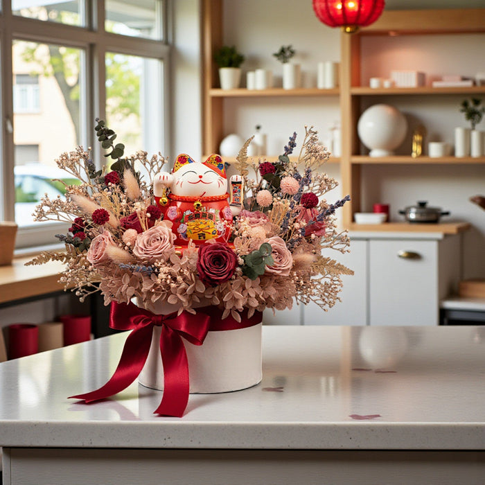 Grand Reveal - Grand Opening Flower Arrangement - Preserved Flower with Fortune Cat - Flower Delivery Singapore - Well Live Florist