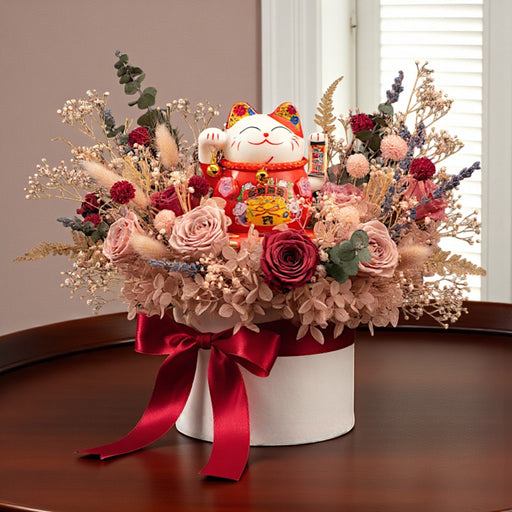Grand Reveal - Grand Opening Flower Arrangement - Preserved Flower with Fortune Cat - Flower Delivery Singapore - Well Live Florist