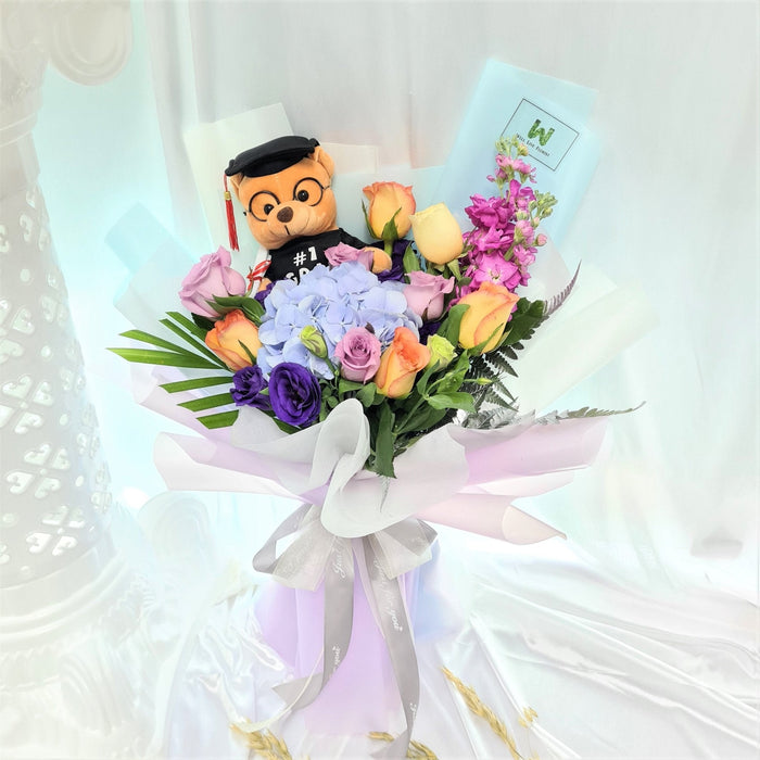 Honor Roll - Graduation Hand Bouquet - Graduation Flower - Fresh Hydrangea - Orange Roses - Free Same Day Delivery - Florist Singapore - Well Live Florist