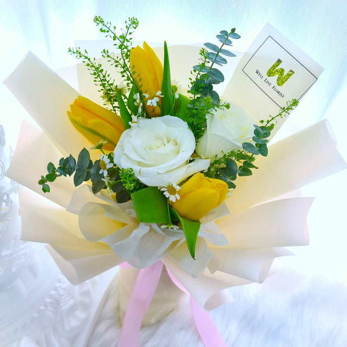 Ivory Sunrise - White Rose and Yellow Tulip Hand Bouquet - Free Same Day Delivery - Florist Singapore - Well Live Florist