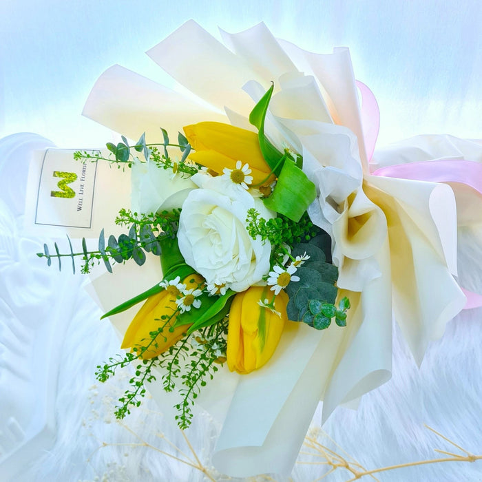 Ivory Sunrise - White Rose and Yellow Tulip Hand Bouquet - Free Same Day Delivery - Florist Singapore - Well Live Florist