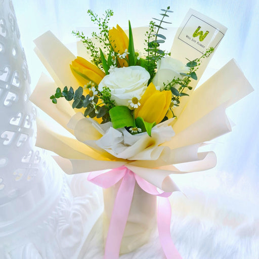Ivory Sunrise - White Rose and Yellow Tulip Hand Bouquet - Free Same Day Delivery - Florist Singapore - Well Live Florist
