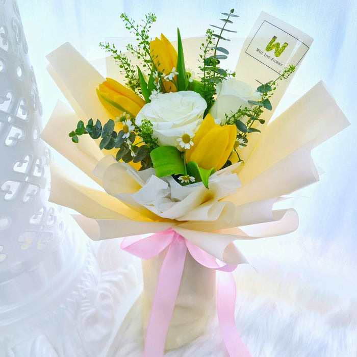 Ivory Sunrise - White Rose and Yellow Tulip Hand Bouquet - Free Same Day Delivery - Florist Singapore - Well Live Florist
