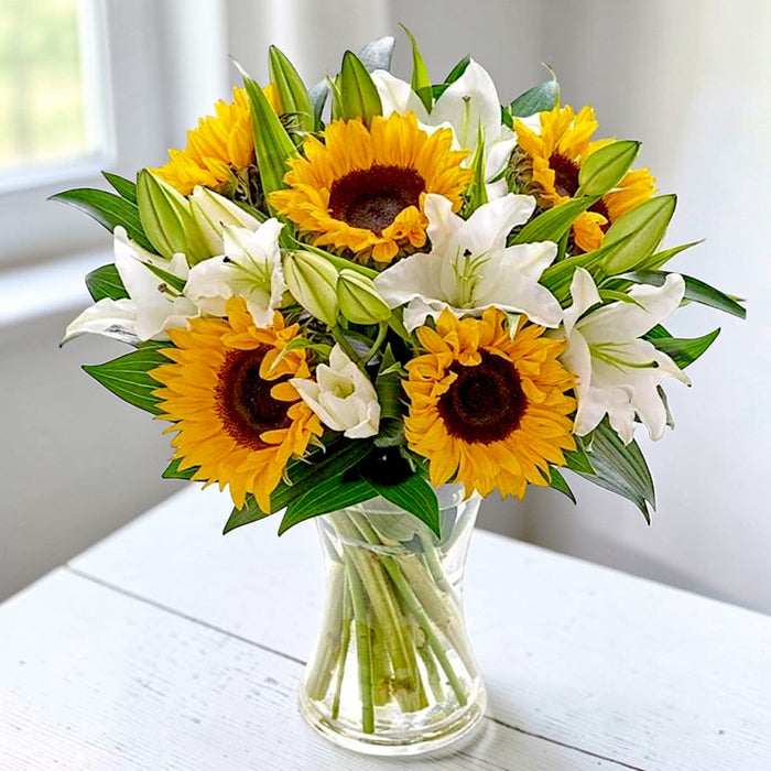 Luxury In Bloom - Sunflower And Lily Vase Arrangement - Birthday Flower - Flower Delivery Singapore - Well Live Florist