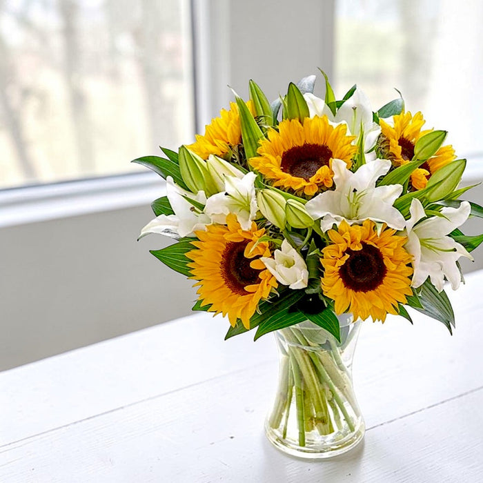 Luxury In Bloom - Sunflower And Lily Vase Arrangement - Birthday Flower - Flower Delivery Singapore - Well Live Florist