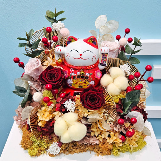 Maneki Blossom - Grand Opening Flower - Preserved Flower - Table Arrangement - Roses - Hydrangea - Moss - Free Same Day Delivery - Well Live Florist