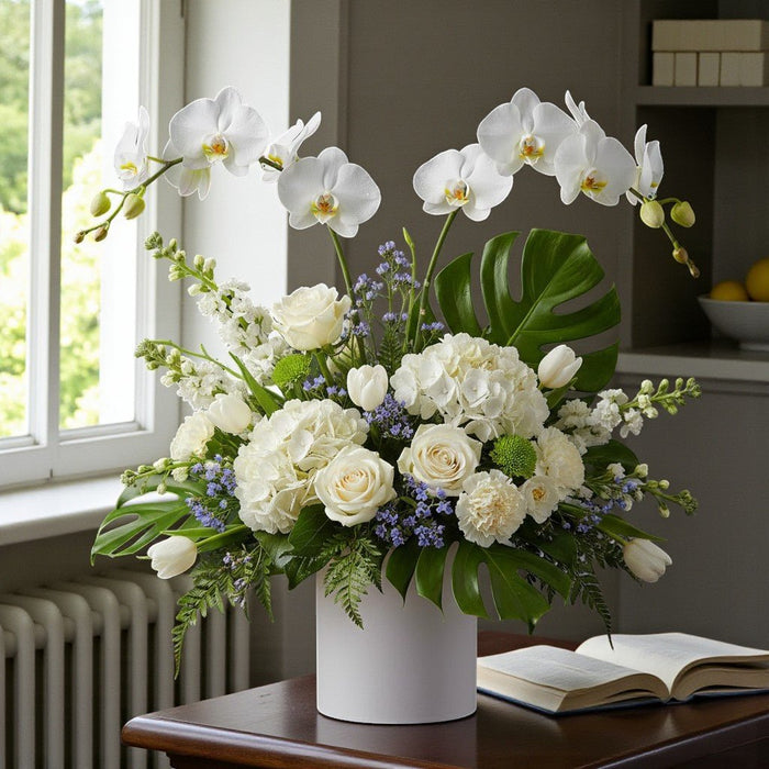 Orchid Moonbeam - Phalaenopsis and Hydrangea Flower Arrangement - Flower in Vase - Flower Delivery Singapore - Well Live Florist
