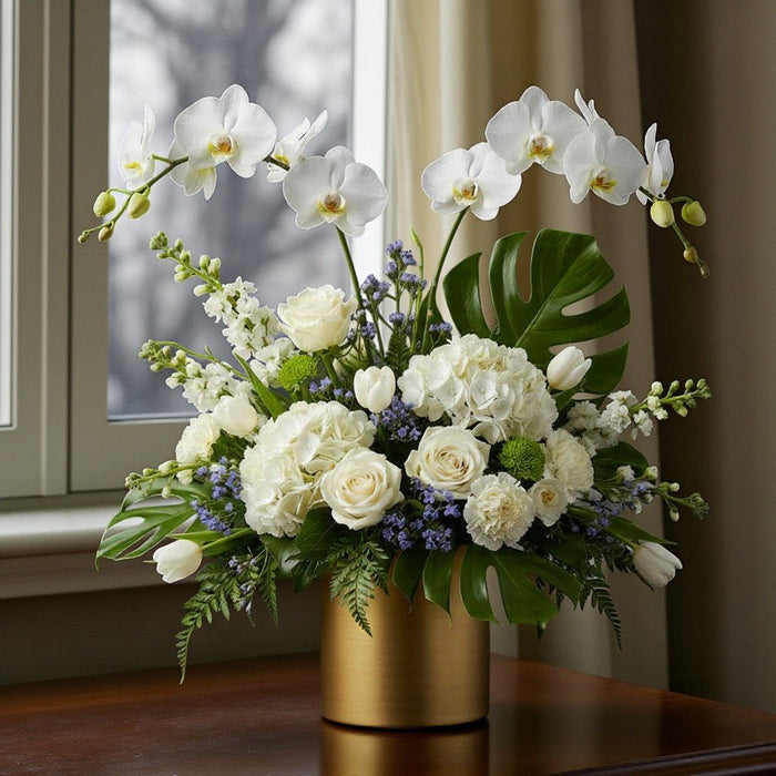 Orchid Moonbeam - Phalaenopsis and Hydrangea Flower Arrangement - Flower in Vase - Flower Delivery Singapore - Well Live Florist