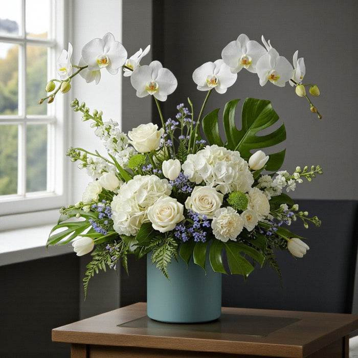 Orchid Moonbeam - Phalaenopsis and Hydrangea Flower Arrangement - Flower in Vase - Flower Delivery Singapore - Well Live Florist