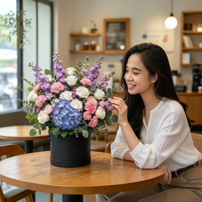 Woman smiling at Pastel Daydream pastel flower hatbox on a café table